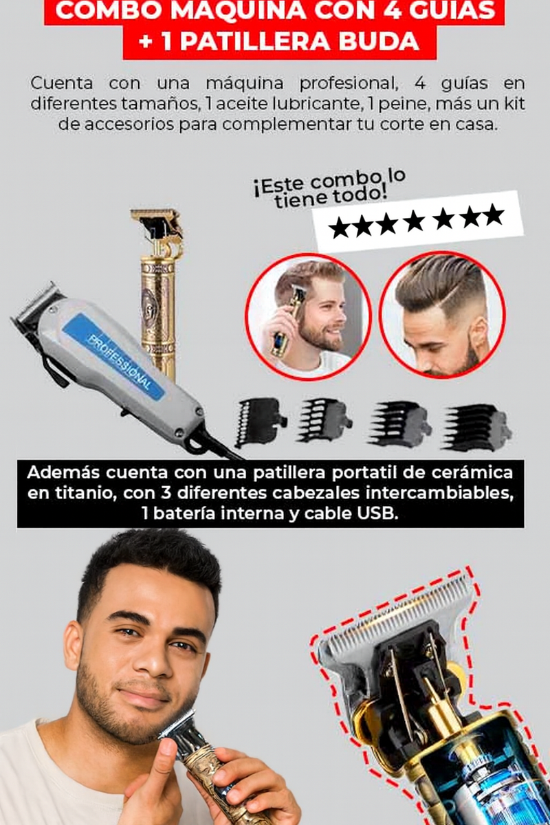 🪒¡Compra la Máquina Cortapelos con 4 Guías y llévate gratis la Buddha Trimmer!¡EL KIT DE PELUQUERÍA MÁS PODEROSO DE COLOMBIA!🪒