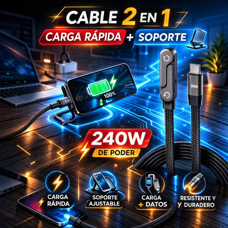 ⚡ CABLE ULTRA RÁPIDO 2 EN 1 CON SOPORTE INTELIGENTE