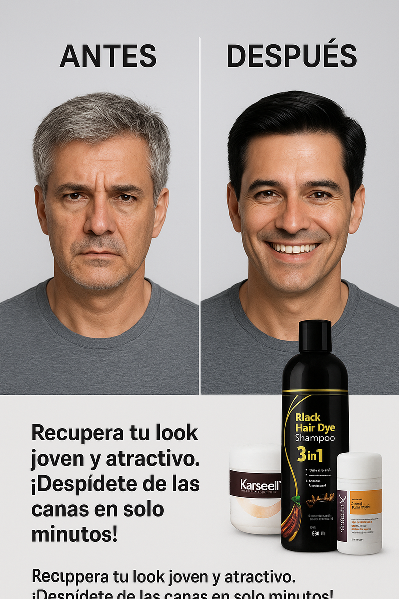 🖤 ¡Dile adiós al cabello blanco y sin vida en solo 5 minutos!  🔥 Black Hair Dye Shampoo 3 en 1 + Regalo Exclusivo: Tratamiento Karseell Keratina Capilar 🔥