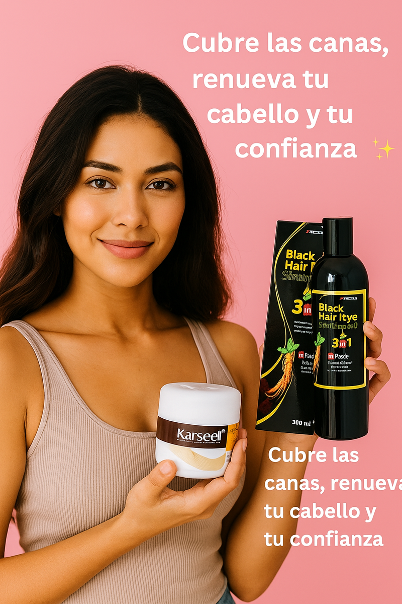 🖤 ¡Dile adiós al cabello blanco y sin vida en solo 5 minutos!  🔥 Black Hair Dye Shampoo 3 en 1 + Regalo Exclusivo: Tratamiento Karseell Keratina Capilar 🔥